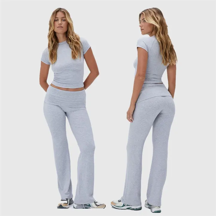 2 Delige Loungesets Voor Dames, Opvouwbare Flare Broekset Met Lange Mouwen, Cropped Top Katoenen Rib, Comfortabele Jogger