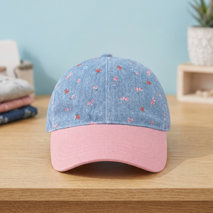 Casquette de baseball vintage en denim à petits motifs floraux, 6 panneaux, 100% coton, boucle métallique, toutes saisons - Product Image 3