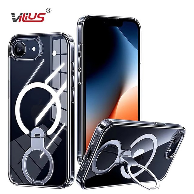 High Definition Clear Magnetic Case with Folding Ring Kickstand for iPhone 15 16 17 Pro Max Anti-drop Protective Housing