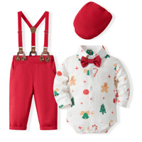 Traje Formal Navideño para Bebé Catpapa, Mono de Manga Larga con Estampado de Galleta de Jengibre, Pantalones con Tirantes, Corbata de Moño y Gorro, Disfraz Festivo