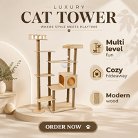 Arbre à chat de luxe écologique, grande tour griffoir d'intérieur multi-niveaux, maison d'escalade au design moderne en bois massif