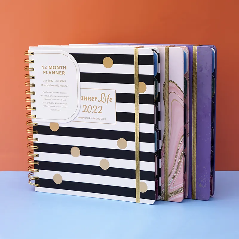 13 bulan desain bergaris B5 foil emas hardcover 2024 agenda spiral terikat perencana notebook