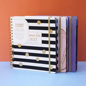 13 month striped design B5 gold foil hardcover 2024 agenda spiral bound planner notebook