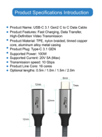 Câble USB-C vers USB-C Justlink USB3.1 20V 5A 100W avec puces intelligentes pour charge rapide 10 Gbps, idéal pour ordinateurs portables et moniteurs