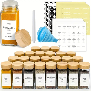 Vente en gros d'étiquettes de pots à épices de 4oz Récipients de cuisine autocollants Pots à épices en verre carrés de 120ml avec couvercles en bambou - Product Image 3