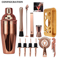 Ensemble de shakers à cocktail de luxe 24oz Kit de 12 pièces pour barman Support en bambou naturel en acier inoxydable personnalisé Articles de bar en métal coloré