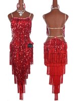 Robe de danse latine pour femmes, rouge, à franges et paillettes, avec strass, bretelles spaghetti, dos nu, costume de performance professionnel pour salsa