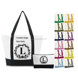 Heavy duty vintage custom printed logo black women's plain splicing cotton canvas beach shopping shoulder tote bag handbags