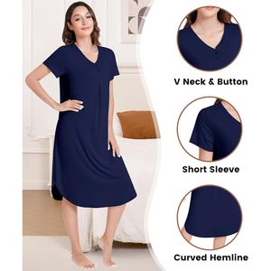 Chemise de nuit pour femmes, col en V, manches courtes, vêtements de nuit doux, robe décontractée en tricot de bambou modal, chemise de nuit confortable - Product Image 4