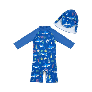 Costumi da bagno da spiaggia per neonati personalizzati in fabbrica UPF 50 + protezione costume da bagno con cerniera e cappello da sole con motivo a cartoni animati per <span class=keywords><strong>ragazzi</strong></span> - Product Image 1