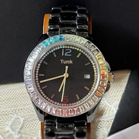 Montre de luxe pour femme COACHSE, avec cristaux colorés brillants, bracelet en céramique, mouvement à quartz, cadran à aiguilles, accents de diamants, verre minéral