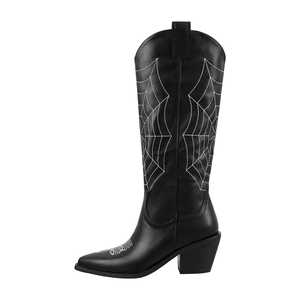 Stivali Alti al Ginocchio Xinzirain Personalizzati con Ricamo a Ragnatela Nera, Stile Gotico Punk, Punta Affusolata e <span class=keywords><strong>Tacco</strong></span> Grosso, Slip-on per <span class=keywords><strong>Donna</strong></span> - Product Image 1
