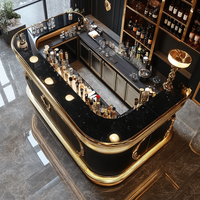 Comptoir de bar moderne de luxe en acier inoxydable haut de gamme avec plateau en marbre, design autoportant pour bar à domicile et utilisation hôtelière, éclairage LED