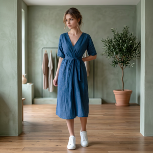 Precio de fábrica: Vestido midi de verano para mujer, 100% algodón, cintura alta, estilo vintage con lazo, transpirable, manga corta, corte holgado, teñido liso, hecho a mano, para uso diario. - Product Image 3