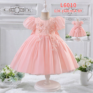 MQATZ Robe de bal en satin pour filles, <span class=keywords><strong>tenue</strong></span> d'anniversaire petite princesse d'été avec dentelle florale et décoration de nœud, col en O AI6065 - Product Image 3