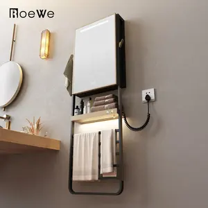 New black electrical towel warmer radiator with Anti-fog mirror, smart stainless steel towel heated racks