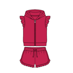 Conjunto de Ropa al por Mayor para Niñas Pequeñas, Diseño Personalizado, Sudadera con Capucha de Color Amarillo Sólido y Mangas con Volantes, Top con Cierre y Pantalones Cortos - Product Image 3