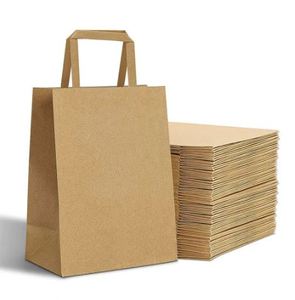 ECO Custom Made Printed <b>Brown</b> Flat Handle Takeaway Fast Food Packaging Kraft Paper Bag Restaurant Carry Bag - Product Image 1
