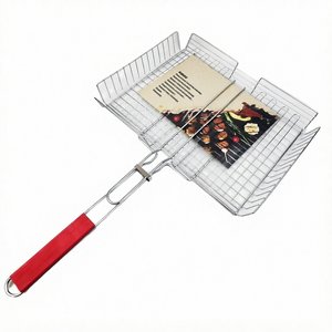 Panier de barbecue pliable en acier inoxydable avec poignée rouge, accessoire de cuisine en plein air - Product Image 1