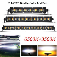 Barre lumineuse LED simple rangée 6D 8 14 20 pouces, feux de travail, phares antibrouillard tout-terrain, stroboscope 12V, lumière bicolore blanc-jaune, pour camion, SUV, VTT, 4x4