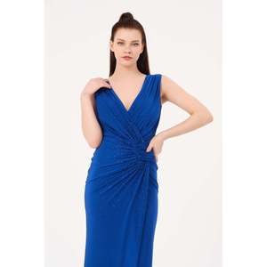 Haut décontracté élégant pour femme DANS, couleur unie bleue, coupe classique, manches standard, pour vente en gros, tailles 38-42 - Product Image 4