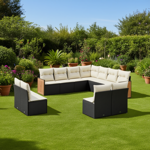 Ensemble de salon de jardin en rotin blanc crème et noir, 10 places, mobilier d'extérieur, design contemporain, résistant aux intempéries, panneaux en teck - Product Image 2