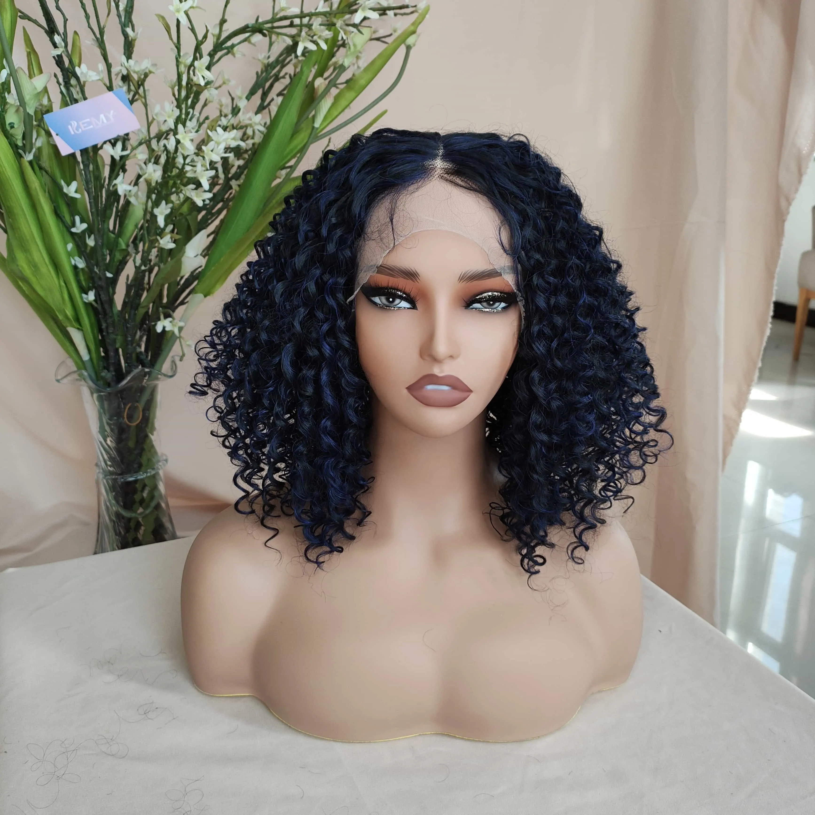 KEMY HAIR Kinky Curly Synthetic Perücken Mix Blue Hitze beständige Fribre Geflochtene Perücke T Teil Lace Front Synthetic Perücken für schwarze Frauen