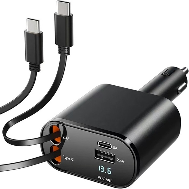 Retractable Car Charger, Supports 180° Rotation Fast Charging and Voltage Display, Smart Temperature Control Multi-Port Adapter