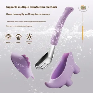 Cuchara de dinosaurio de silicona de acero inoxidable 304, tenedor para niños, sopa de entrenamiento, cuchara de comida para bebés, juego de tenedor, regalo de comedor para bebés pequeños - Product Image 4