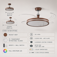 Ventilateur de plafond rétractable de 42 pouces avec lumière LED et télécommande, moteur DC moderne