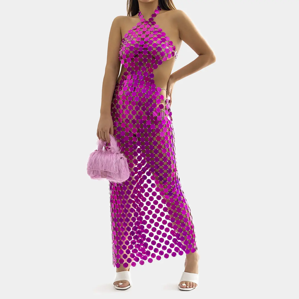 Neon Pink Sexy Cut Out Halter Sequin Long Dresses Women's Metallic Halterneck Chainmail Maxi Dress