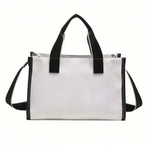Bolso tote de lona blanca resistente para mujer, con inserto tejido, impermeable, reutilizable, con asa de cinta, ideal para compras diarias en verano. - Product Image 1