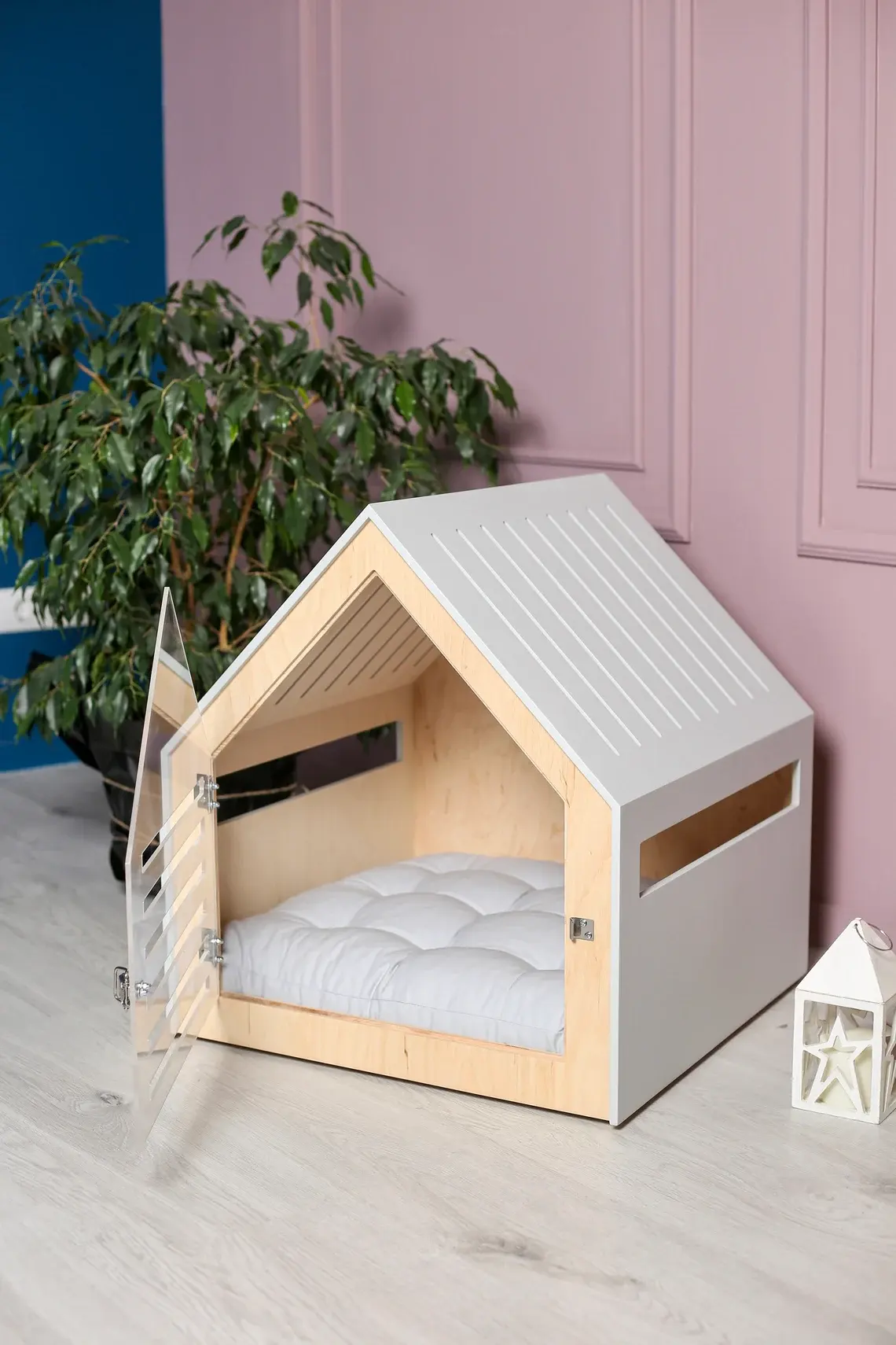Auscar – maison moderne pour chien et chat avec porte en acrylique, lit pour chien, lit pour chat, meubles pour chiens et chats