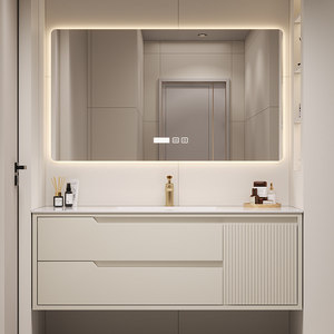 Modern Cream White Floating Bathroom Vanity Solid Wood Cabinet with Smart LED <b>Mirror</b> Integrated Sink - Product Image 2
