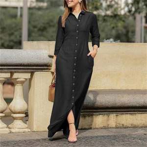 I-0231 Women's Clothing Women <b>Long</b> Jeans <b>Dresses</b> Shirt Collar Denim Button <b>Long</b> Sleeves Skirt <b>Casual</b> Ladies Denim <b>Dress</b> - Product Image 2