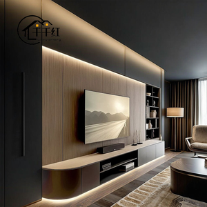 Meuble <span class=keywords><strong>TV</strong></span> mural de luxe moderne <span class=keywords><strong>avec</strong></span> rangement, design de panneau personnalisé, élégant, en bois, pour salon - Product Image 1