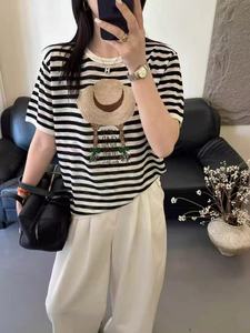 New <strong>Black</strong> <strong>and</strong> <strong>White</strong> <strong>Striped</strong> Knit T-Shirt for Women, Loose Slimming Breathable Versatile Short <strong>Sleeve</strong> <strong>Top</strong>, Casual Summer Tee - Product Image 1