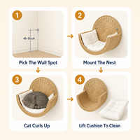 Lit mural tressé pour petits chats, nid suspendu en herbe pour animaux de compagnie avec coussin en peluche blanche, décoration bohème naturelle, maison ronde pour chat pour la maison