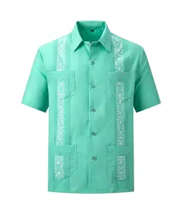 Рубашка Guayabera мужская с изображением острова Гаити, модная блузка с короткими рукавами, пляжный топ в винтажном стиле кубинского лагеря на пуговицах, голубая