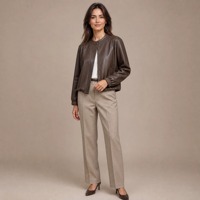 Blouson bomber court en cuir d'agneau véritable pour femme, doux et mat, col montant mini, dos froncé, ourlet élastique, coupe ample, vêtement d'extérieur décontracté