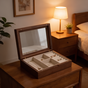 Elegant Vintage Walnut Rectangular Lined With <b>Mirror</b> Boutique Display Luxury Velvet Wood Jewelry Box - Product Image 4