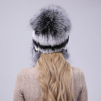 Chapeau d'hiver pour femme en fourrure de lapin rex et de renard cousue à la main avec rabat pour les oreilles et chaleur élastique