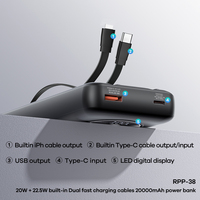 Batería Externa REMAX RPP-38 de 20000mAh con Carga Rápida de 22.5W, Cables Dobles Integrados, Cargador Portátil con Pantalla LED