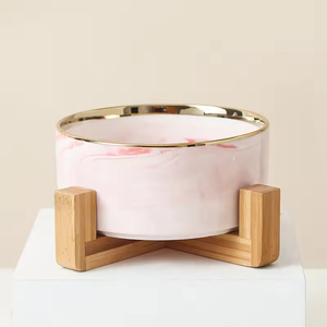 Bol double en céramique écologique et imperméable à motif uni avec support en bois pour la protection du cou, style Phnom Penh - Product Image 4