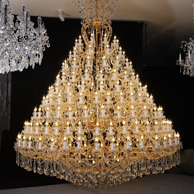 Luxury Large Gold Crystal LED Adjustable Height Maria Theresa Chandelier High Ceiling Pendant Lamp Villa Hotel Dimmable Remote