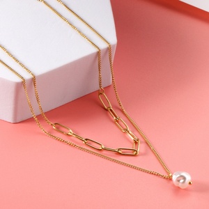 Collar de Cadena Doble con Perlas Naturales y Colgante de Oro de 18k, Joyería de Acero Inoxidable con Personalidad para Chicas - Product Image 5