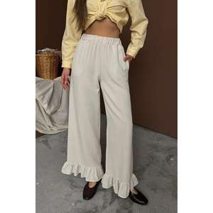 Pantalones de Lino Beige para Mujer, Corte Recto, Cintura Media, Dobladillo con Volantes, Transpirables - Product Image 3