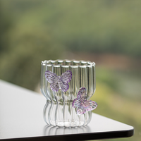 Tasse à café en verre fait main 3D, motif papillon violet et rose, texture rayée, résistante à la chaleur, pour cadeau ou fête de jardin