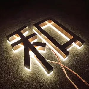 Huruf Backlit LED kustom Logo 3D potongan Laser logam besi tahan karat tanda pribadi penerima bisnis Logo dinding nama perusahaan