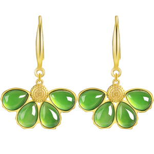 Old material spinach green natural andite jade flower-shaped earrings, S925 <b>silver</b> inlay, elegant women's jade jewelry piece - Product Image 4